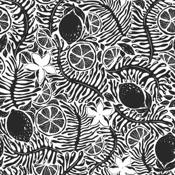 Seamless vector pattern with black hand drawn abstract plants, exotic flowe.. Stock Illustration