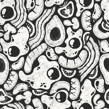 Seamless vector pattern with black hand drawn abstract fried eggs, bacon, s.. Stock Illustration