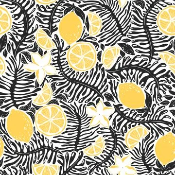 Seamless vector pattern with black hand drawn abstract plants, exotic flowe.. Stock Illustration
