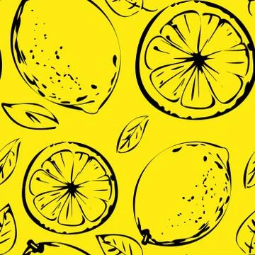 Seamless vector pattern of black lemon outline on yellow isolated background. Illustrazione stock
