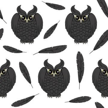 Seamless, vector pattern with black owls and feathers. Illustrazione stock