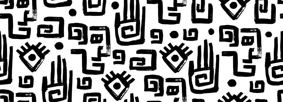 Seamless vector pattern with black palm hand, spiral, eye, and face motifs Stock Illustration
