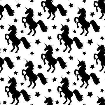 Seamless vector pattern with black stars and unicorns on white background Stock Illustration