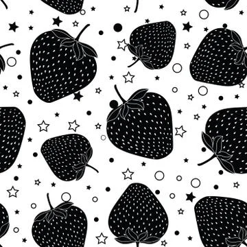 Seamless vector pattern with black strawberries, tiny stars and circles. Repa Stock Illustration