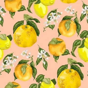 Seamless vector pattern with blooming flowers and juicy citrus fruits such as Stock Illustration