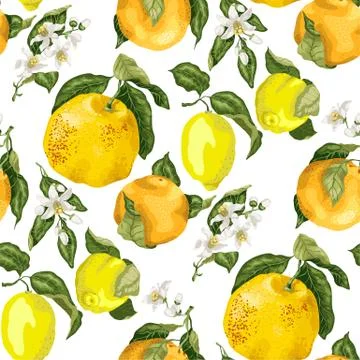 Seamless vector pattern with blooming flowers and juicy citrus fruits such as Stock Illustration