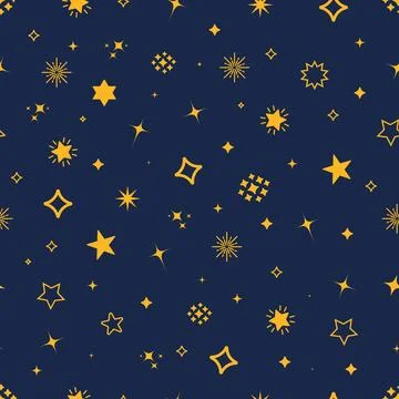 Seamless vector pattern on a blue background of the starry sky, stars in ye.. Stock Illustration