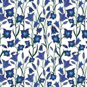 Seamless vector pattern with blue bells flowers, steams and leaves. Hand drawn Stock Illustration