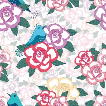 Seamless vector pattern with blue birds and colorful roses Stock Illustration
