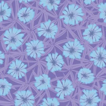 Seamless vector pattern with blue chickory flowers on purple background Illustrazione stock