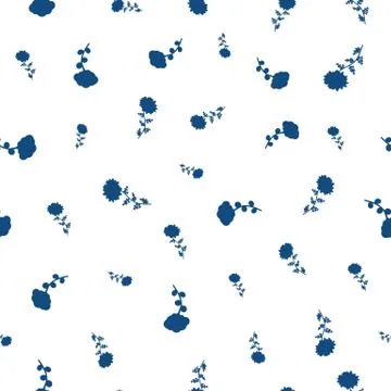 Seamless vector pattern with blue flower silhouettes on a white background Stock Illustration