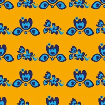Seamless vector pattern with blue folk tulips on a bright yellow background Stock Illustration