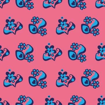 Seamless vector pattern with blue folk flowers on a bright pink background Stock Illustration