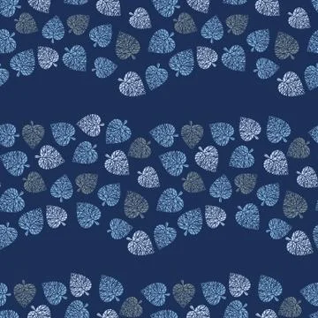 Seamless vector pattern with blue leaves forming wavy stripes on dark background Illustrazione stock