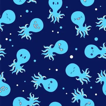 Seamless vector pattern of  blue octopus with different emotions Stock Illustration