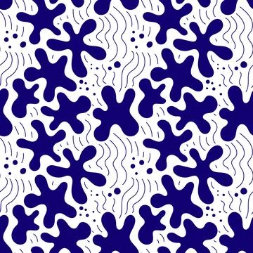 Seamless vector pattern with blue organic ink blots and wavy lines on white.. Stock Illustration