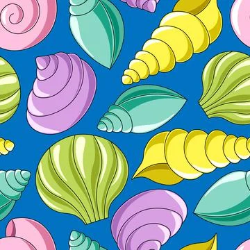 Seamless vector pattern with blue, purple, yellow, green and pink seashells Illustrazione stock
