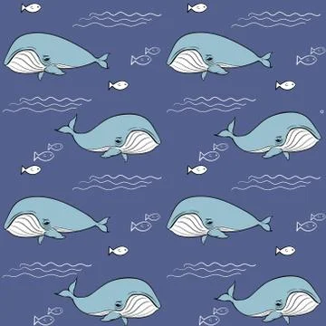 Seamless vector pattern with blue whales on a blue background, waves, fish. f Illustrazione stock