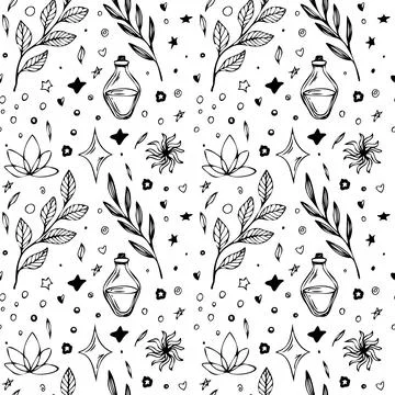Seamless vector pattern. bottle with potion, leaves, lotus flower and starts Stock Illustration