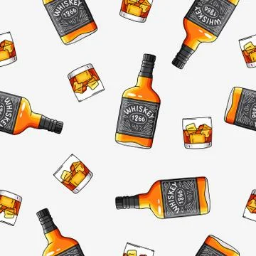 Seamless vector pattern of the bottles and glasses of Whiskey Stock Illustration