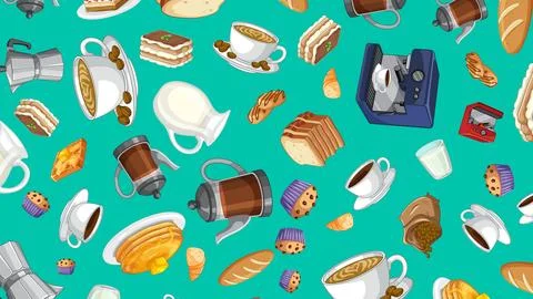 Seamless Vector Pattern of Breakfast Food and Coffee Elements 库存插图