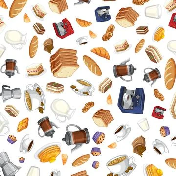 Seamless Vector Pattern of Breakfast Food and Coffee Making Equipment Illustrazione stock
