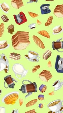 Seamless Vector Pattern of Breakfast Food and Coffee Elements Stock Illustration