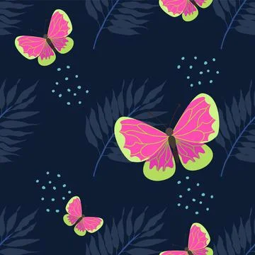Seamless vector pattern with bright butterflies and palm leaves. Bright tropical Stock Illustration