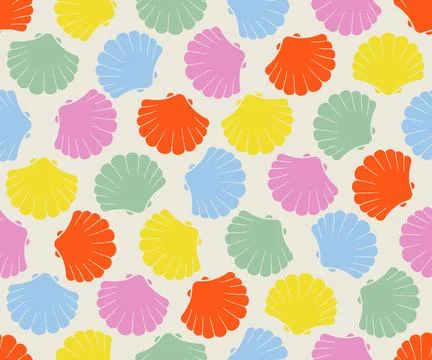 Seamless vector pattern. Bright red, yellow and blue seashells on off white Stock Illustration