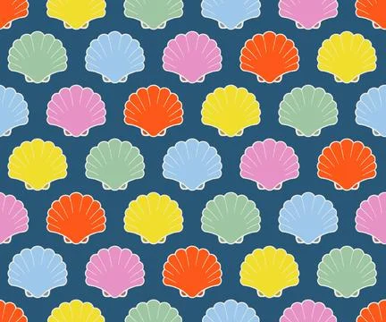 Seamless vector pattern. Bright red, yellow and blue seashells on navy blue Stockillustratie