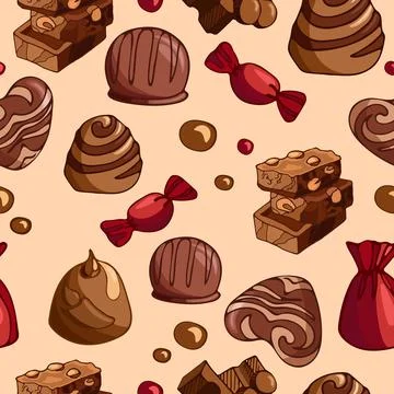 Seamless vector pattern of bright tasty pieces of milk chocolate with nuts Stock Illustration