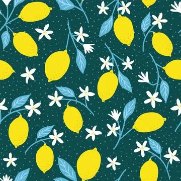 Seamless vector pattern with bright yellow lemons and white flowers on dark teal Stock Illustration