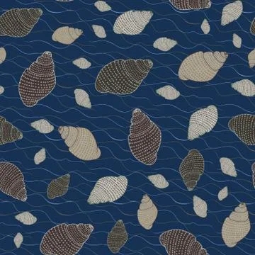 Seamless vector pattern with brown and beige shells on a navy blue background 스톡 일러스트