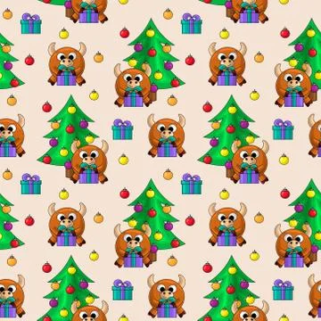 Seamless vector pattern with bull, Christmas tree and gift Stock Illustration