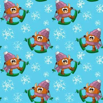 Seamless vector pattern with bull, ski and snowflake Stock Illustration