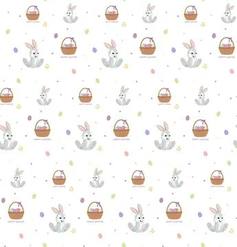 Seamless vector pattern with bunny and basket with eggs. Happy Easter Stock Illustration