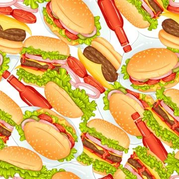Seamless vector pattern with burger and sauce Stock Illustration