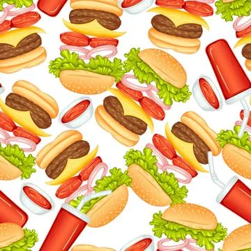Seamless vector pattern with burger, cola and sauce Stock Illustration
