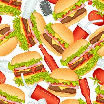 Seamless vector pattern with burger, cola and sauce Stock Illustration