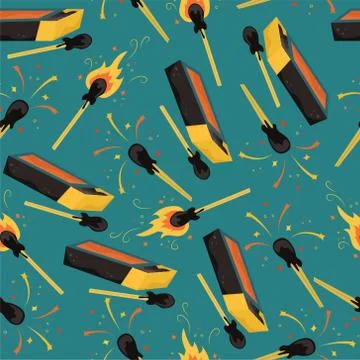 Seamless vector pattern with burning matches and matchbox. Stock Illustration
