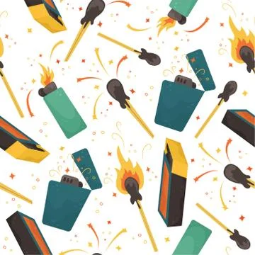 Seamless vector pattern with burning matches, lighters and matchbox. Stock-Illustration