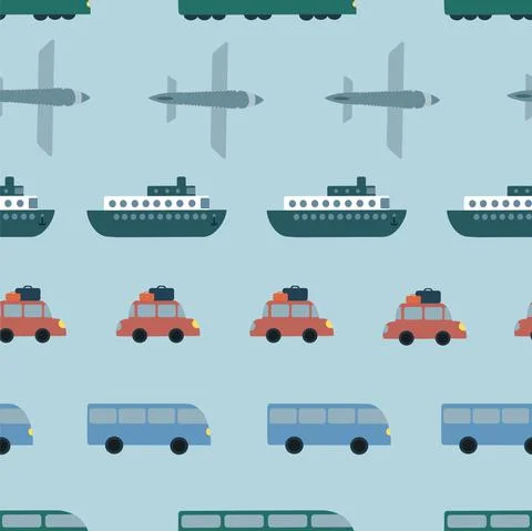 Seamless vector pattern with bus, plane, car, train, ship moving in lines on  Stock Illustration