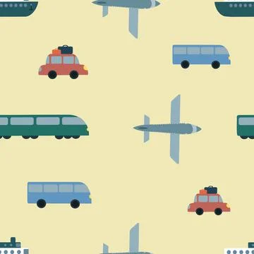 Seamless vector pattern with bus, plane, car, train, ship on light yellow bac Stock Illustration