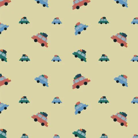 Seamless vector pattern with bus, plane, car, train, ship on light yellow bac イラスト素材