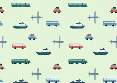 Seamless vector pattern with bus, plane, car, train, ship moving on light gre Stock Illustration