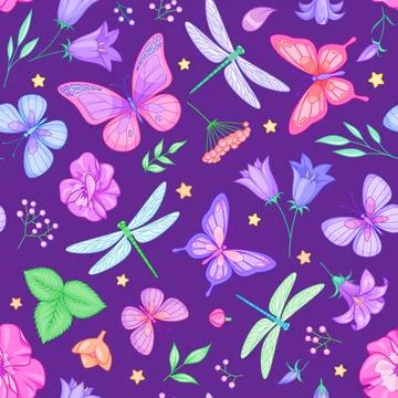 Seamless vector pattern with butterflies, dragonflies and flowers on dark purple Stock Illustration