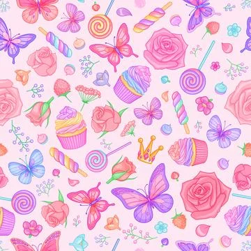Seamless vector pattern with butterflies, roses, cupcakes and candies on pink Stock Illustration