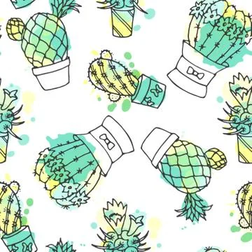 Seamless vector pattern with cactus. Colorful background with watercolor Stock Illustration