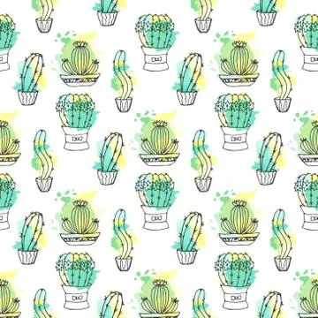 Seamless vector pattern with cactus. Colorful background with watercolor Stock Illustration
