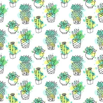 Seamless vector pattern with cactus. Colorful background with watercolor Stock Illustration